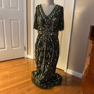 Green Sequin Maxi Gown with Flutter Sleeves